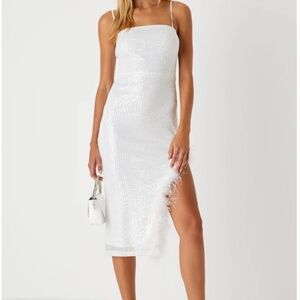 Sparkling Diva White Sequin Feather Bodycon Midi Dress
